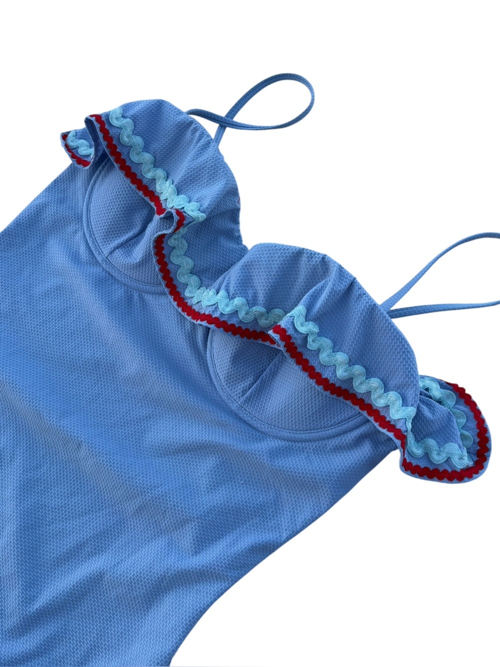 J.Crew Ruffle One Piece Swimsuit Size 8 Blue Ric Rac Trim Underwire - Picture 5 of 13